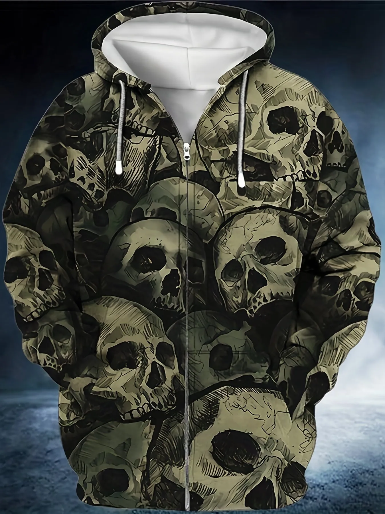 Plus Size Men's Scary Skulls Print Oversized Hooded Jacket with Zipper for Autumn/Winter