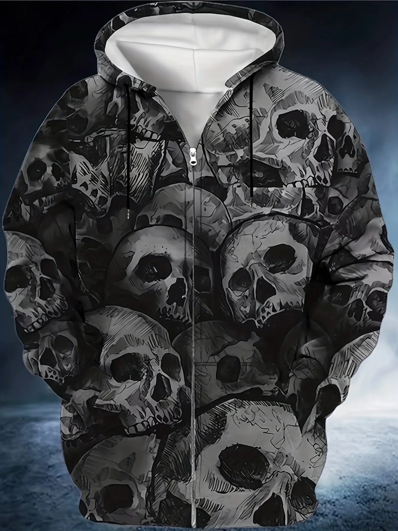 Plus Size Men's Scary Skulls Print Oversized Hooded Jacket with Zipper for Autumn/Winter