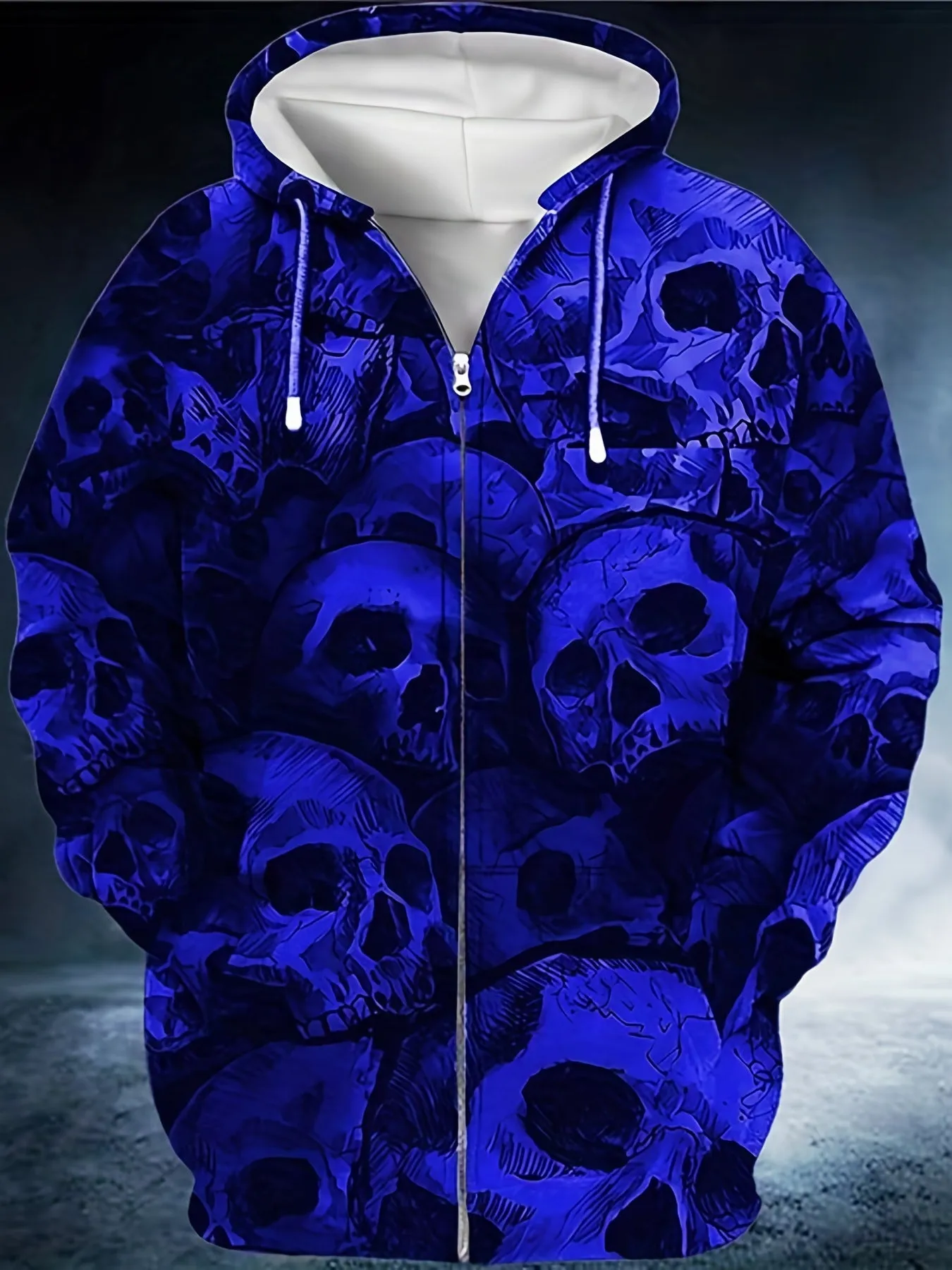 Plus Size Men's Scary Skulls Print Oversized Hooded Jacket with Zipper for Autumn/Winter