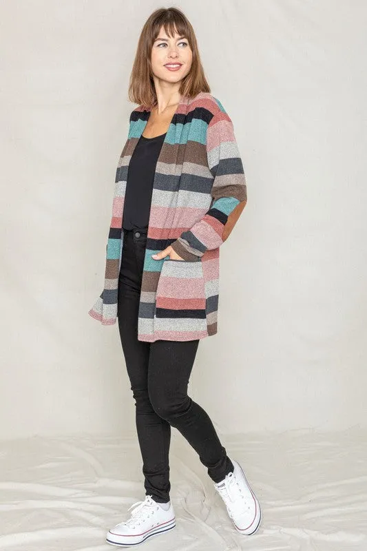 Plus Suede Elbow Patch Open Cardigan with Pockets