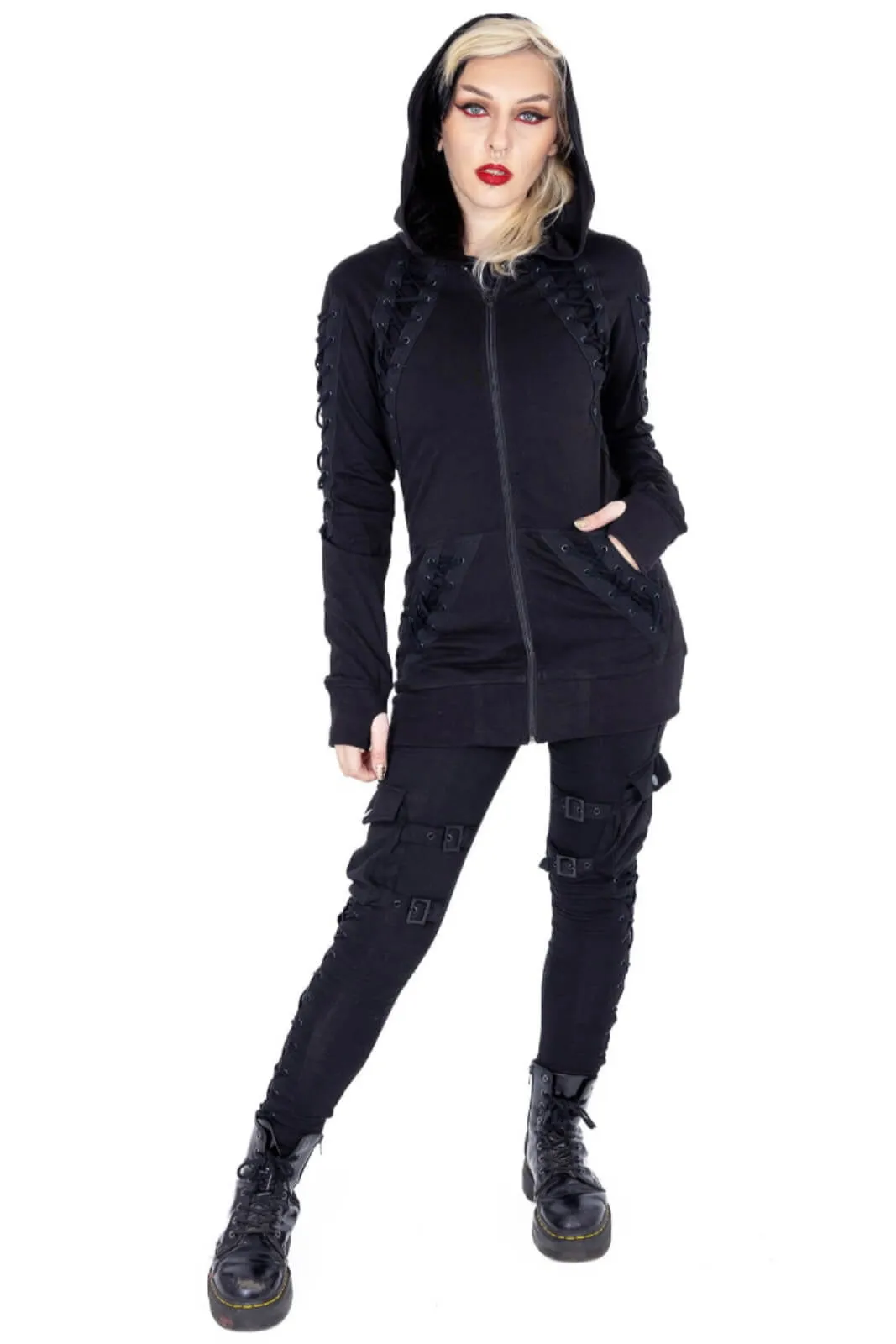 Poizen Industries Diana Hood Full Zip Lace-Up Gothic Jumper