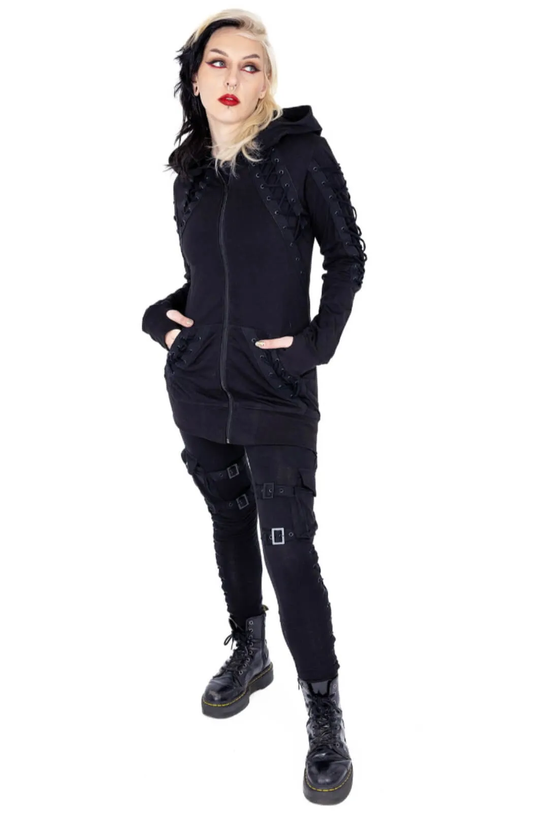Poizen Industries Diana Hood Full Zip Lace-Up Gothic Jumper