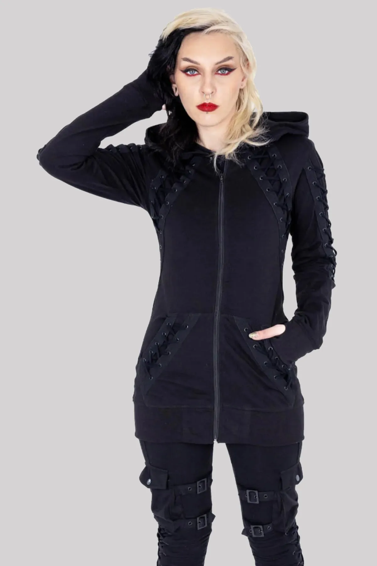 Poizen Industries Diana Hood Full Zip Lace-Up Gothic Jumper