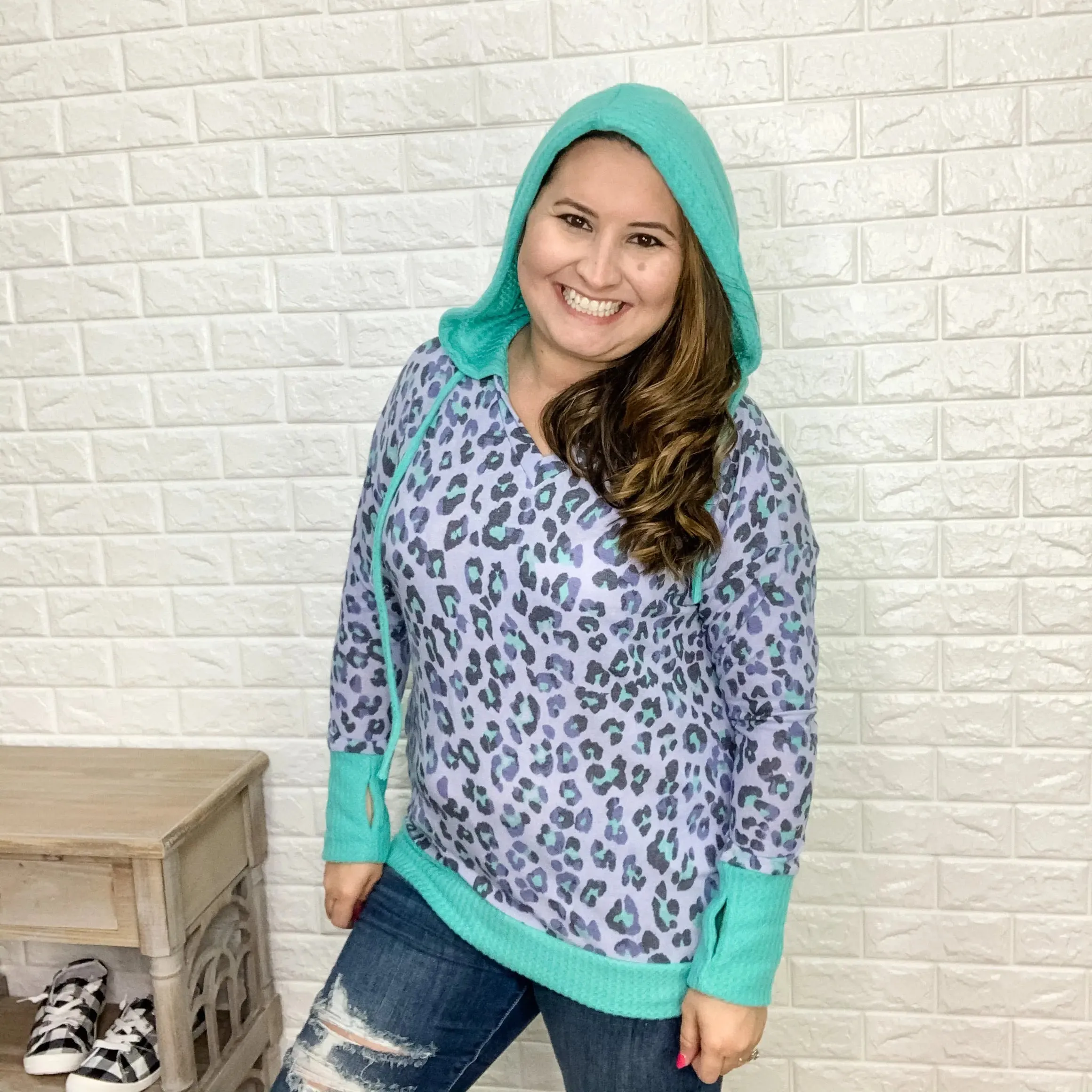 "Catch A Tiger By His" Waffle Trimmed Hoodie (Purple & Mint)