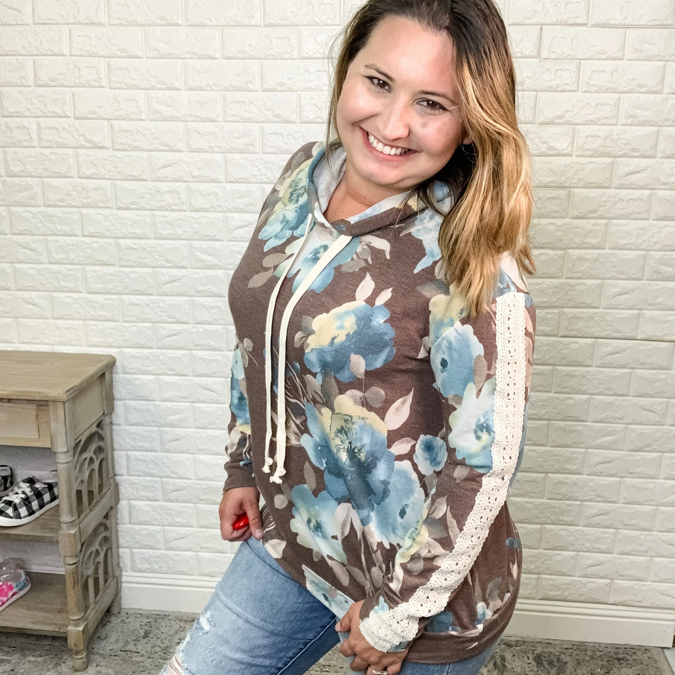 "Micha" Floral Hoodie with Lace Detail