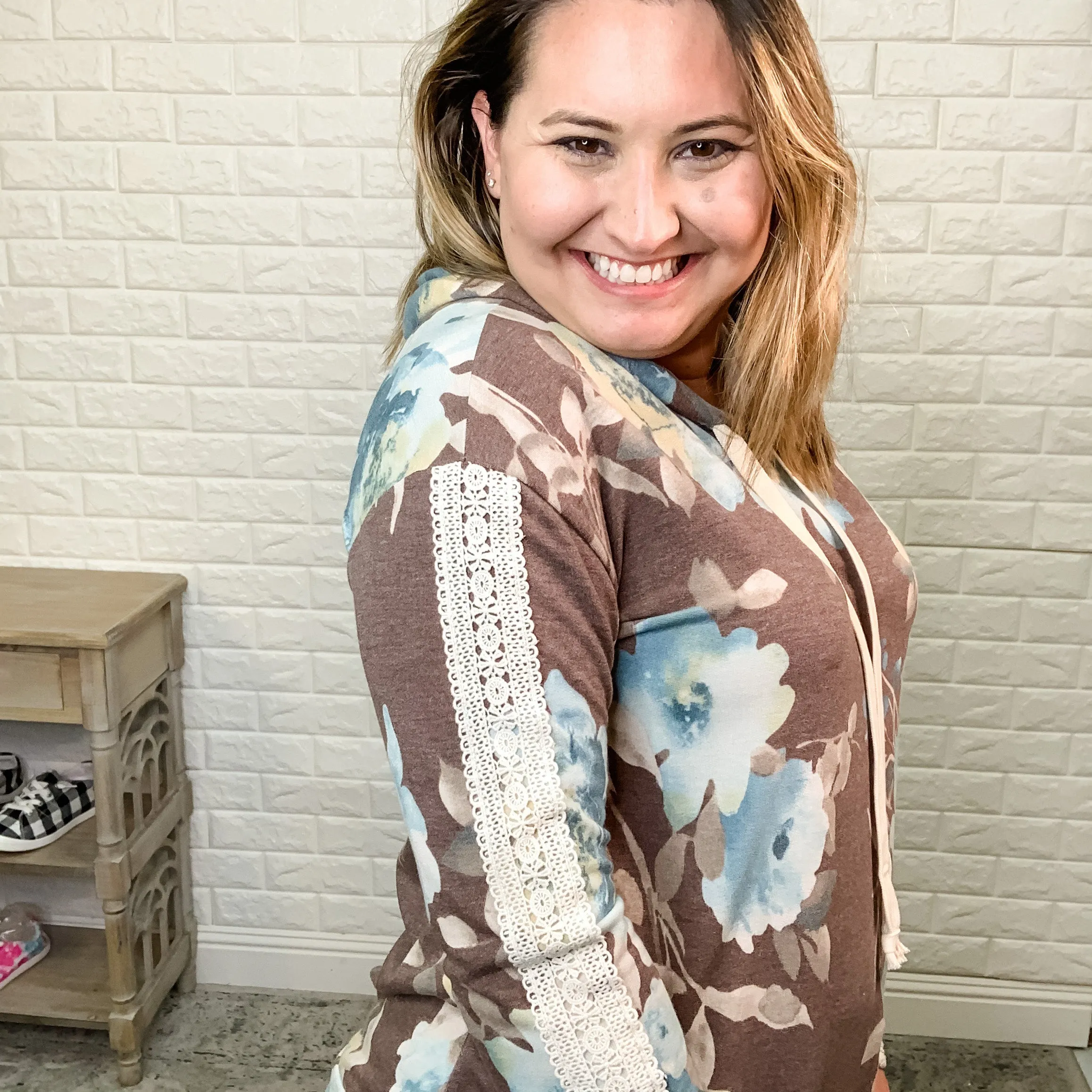 "Micha" Floral Hoodie with Lace Detail