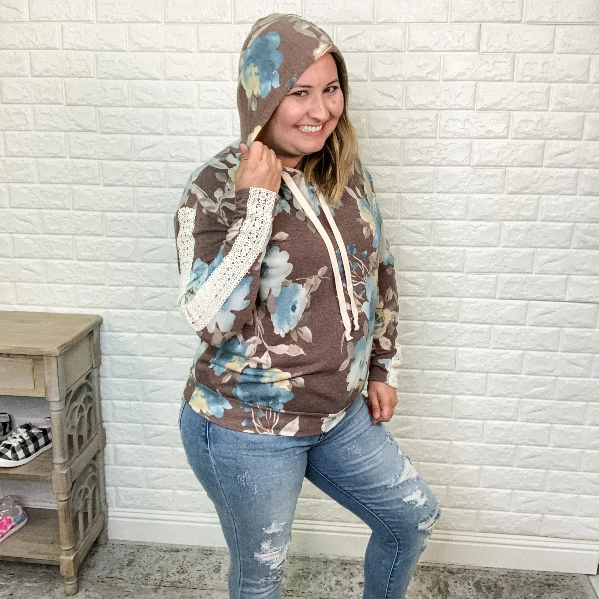 "Micha" Floral Hoodie with Lace Detail