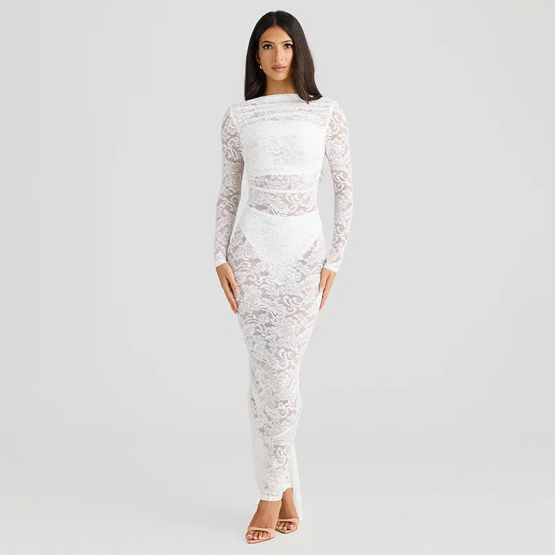 REALAIOT D24DS570 Popularan beautiful woman lace splicing perspective big halter shrink pleated hip bag sexy long dress wholesale