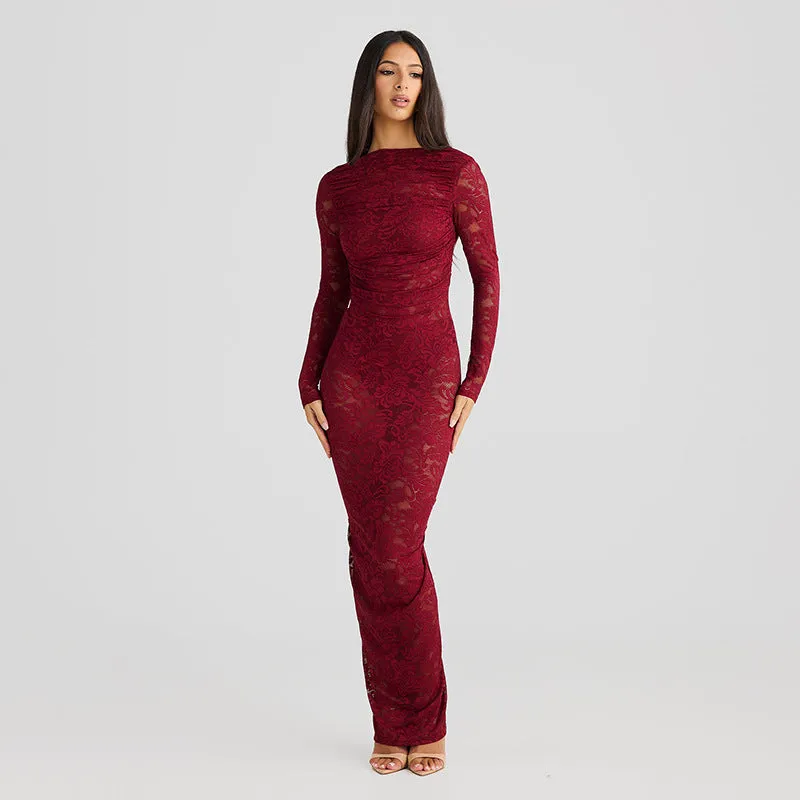 REALAIOT D24DS570 Popularan beautiful woman lace splicing perspective big halter shrink pleated hip bag sexy long dress wholesale