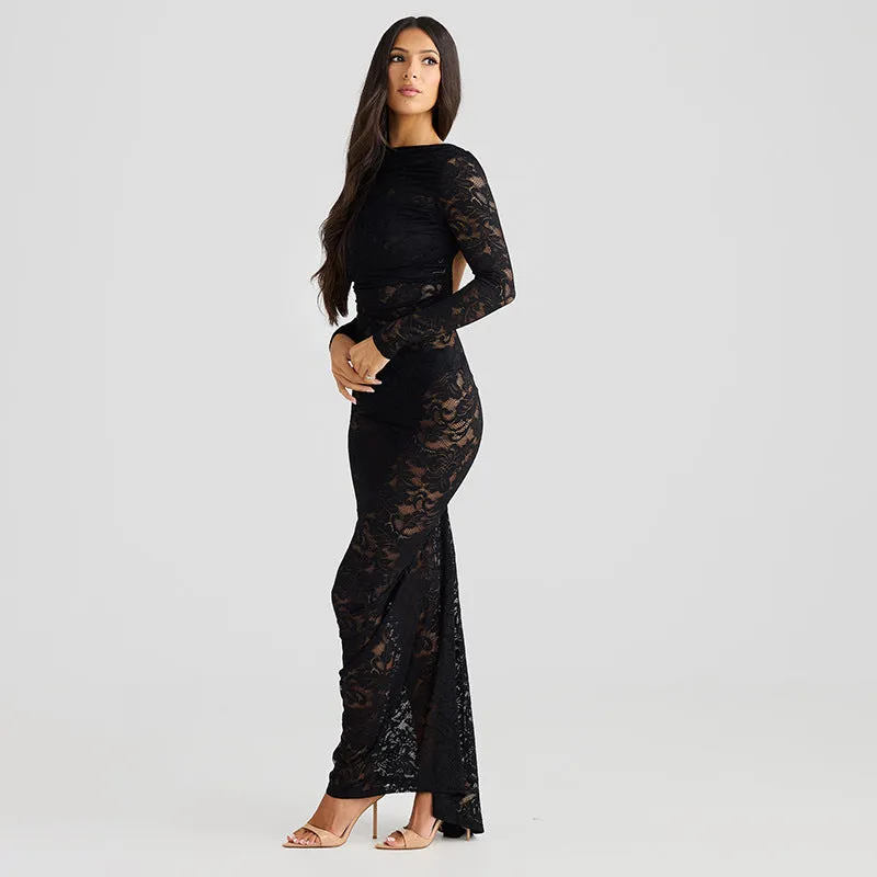 REALAIOT D24DS570 Popularan beautiful woman lace splicing perspective big halter shrink pleated hip bag sexy long dress wholesale