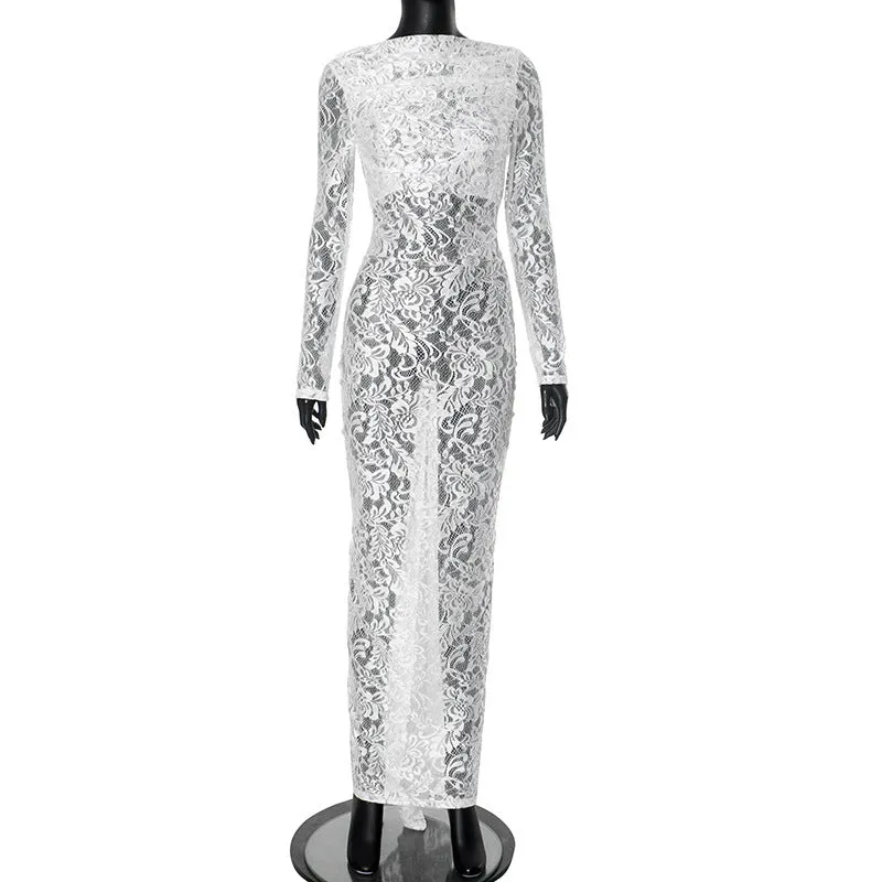 REALAIOT D24DS570 Popularan beautiful woman lace splicing perspective big halter shrink pleated hip bag sexy long dress wholesale