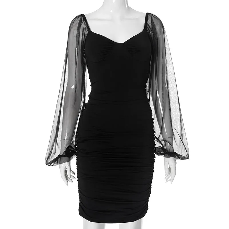REALAIOT G24DS250 2025 women's clothing autumn mesh bubble sleeve splicing sexy shrink pleated hip skirt wholesale