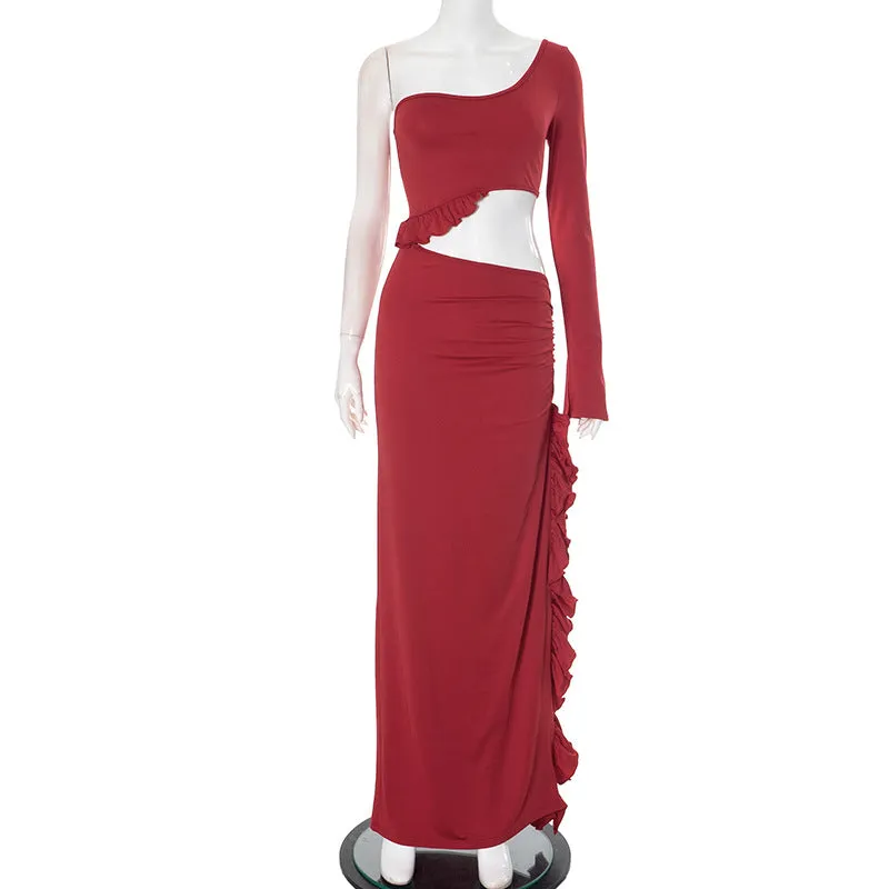 REALAIOT  Sanhu Lianjiang F24DS349 2025 women's clothing one shoulder long sleeve shrink pleated waist high split sexy dress wholesale