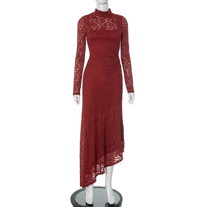 REALAIOT Sanhu Lianjiang G24DS276 European beautiful woman lace splicing shrink pleated slim long sleeved slant pendulum belt inner long dress wholesale
