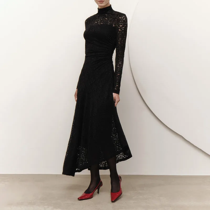 REALAIOT Sanhu Lianjiang G24DS276 European beautiful woman lace splicing shrink pleated slim long sleeved slant pendulum belt inner long dress wholesale