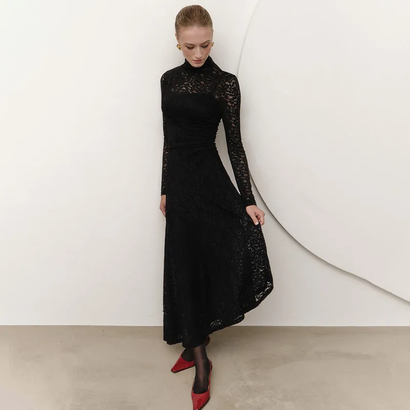 REALAIOT Sanhu Lianjiang G24DS276 European beautiful woman lace splicing shrink pleated slim long sleeved slant pendulum belt inner long dress wholesale