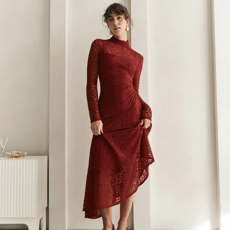 REALAIOT Sanhu Lianjiang G24DS276 European beautiful woman lace splicing shrink pleated slim long sleeved slant pendulum belt inner long dress wholesale