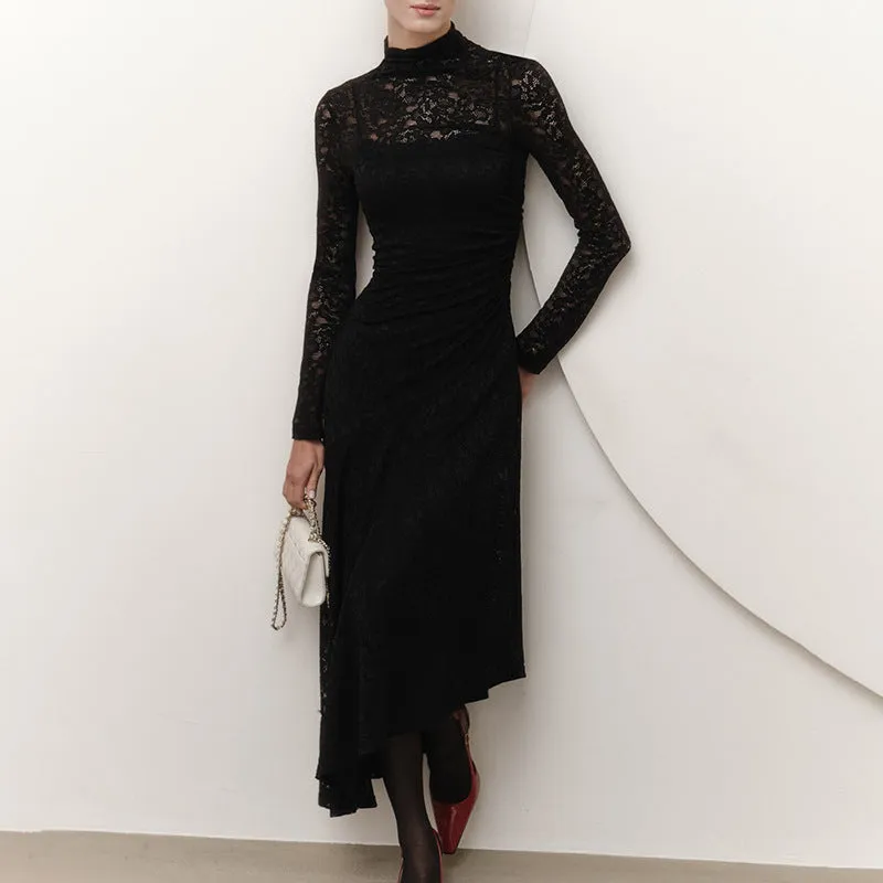 REALAIOT Sanhu Lianjiang G24DS276 European beautiful woman lace splicing shrink pleated slim long sleeved slant pendulum belt inner long dress wholesale