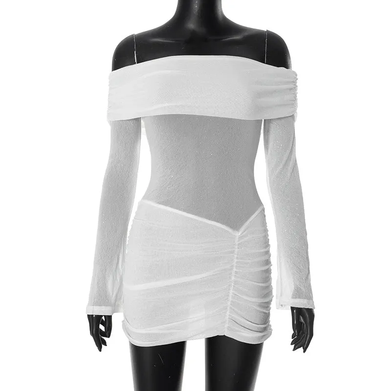 REALAIOT  Sanhu Lianjiang G24DS321 2025 women's clothing one-word collar off-the-shoulder mesh splicing flash sheet pleated dress wholesale