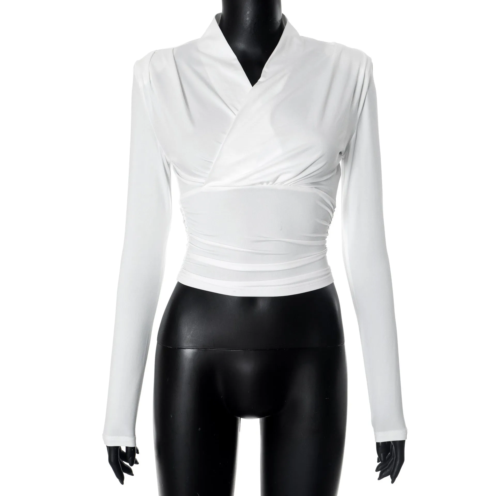 REALAIOT Sanhu Lianjiang Q24TP609 2025 women's clothing cross-neck slim-fitting long-sleeved elegant simple pleated short top wholesale