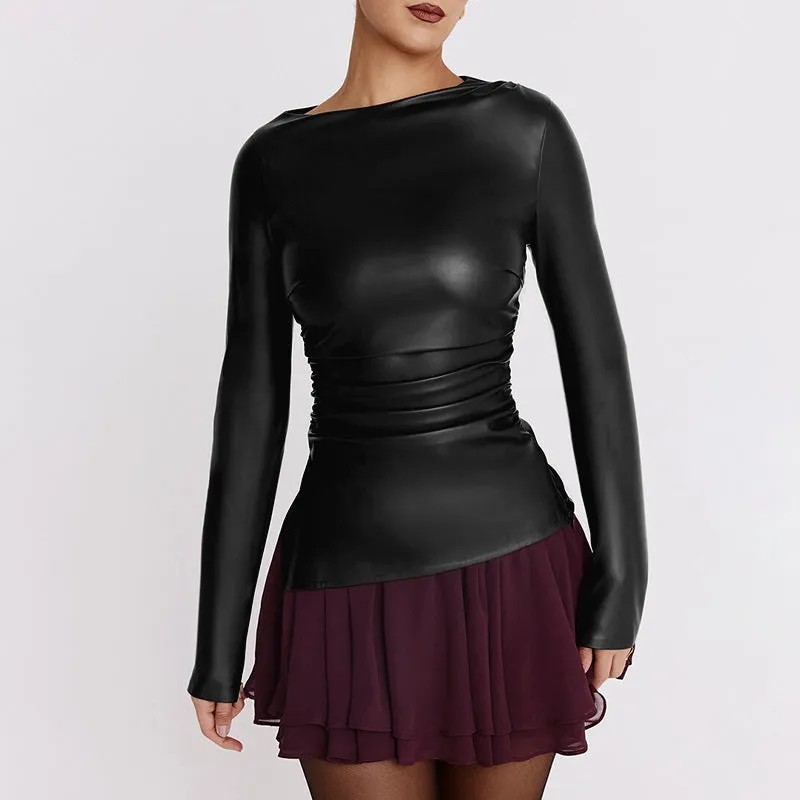 REALAIOT Sanhu Lianjiang Q24TP627 2025 women's clothing autumn and winter leather splicing pleated slim-fitting sexy tops  wholesale