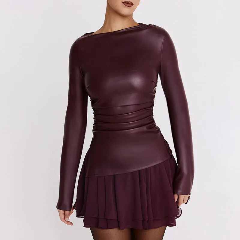 REALAIOT Sanhu Lianjiang Q24TP627 2025 women's clothing autumn and winter leather splicing pleated slim-fitting sexy tops  wholesale