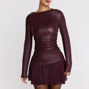 REALAIOT Sanhu Lianjiang Q24TP627 2025 women's clothing autumn and winter leather splicing pleated slim-fitting sexy tops  wholesale