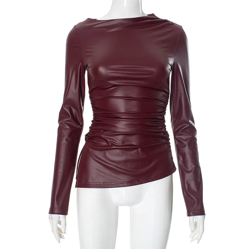 REALAIOT Sanhu Lianjiang Q24TP627 2025 women's clothing autumn and winter leather splicing pleated slim-fitting sexy tops  wholesale