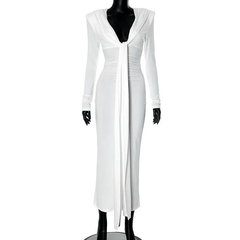 REALAIOT Sanhu Lianjiang Y24DS637 2025 women's clothing deep V long streamer waist pleated hip sexy dress wholesale