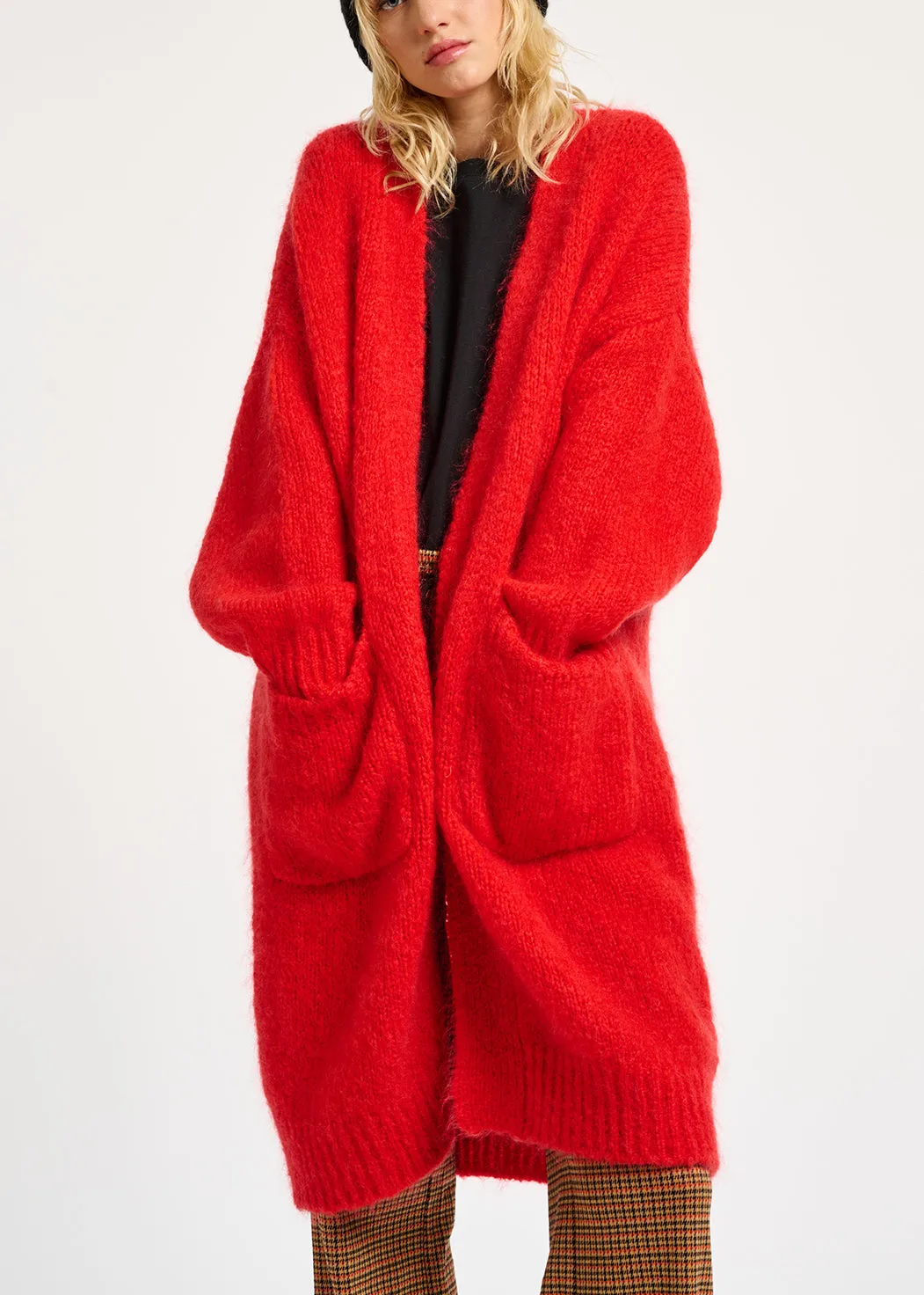 Red midi-length mohair-blend cardigan