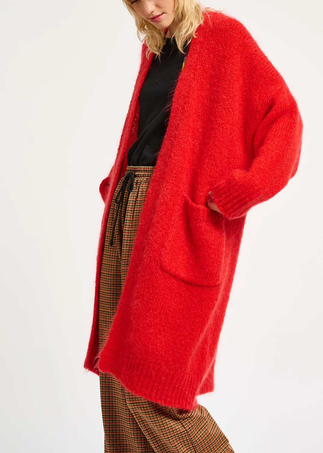 Red midi-length mohair-blend cardigan