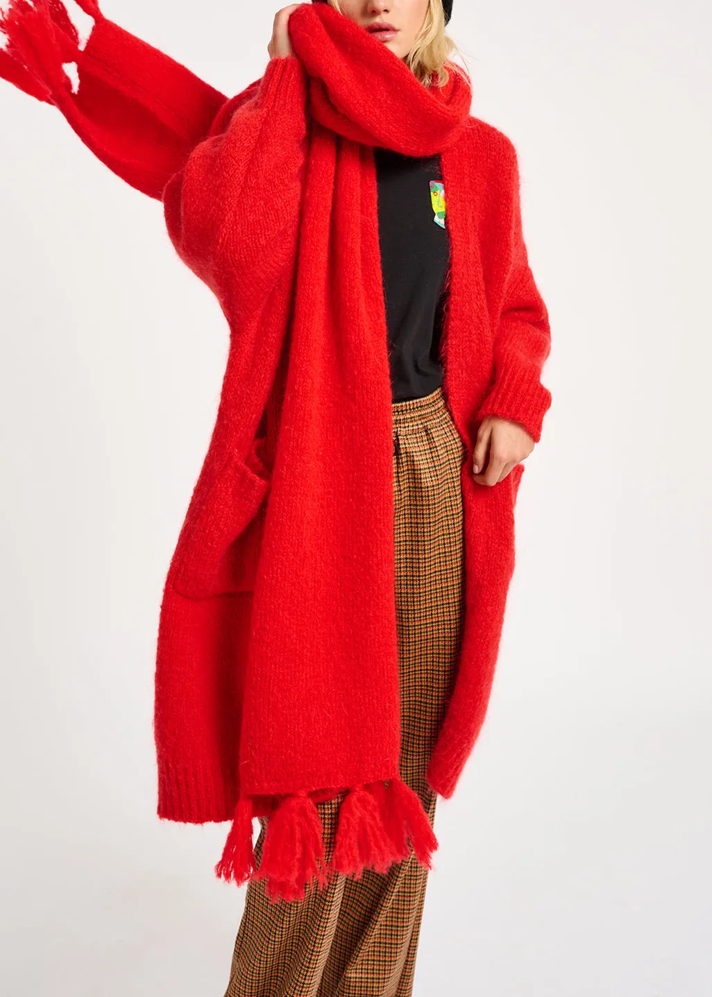 Red midi-length mohair-blend cardigan
