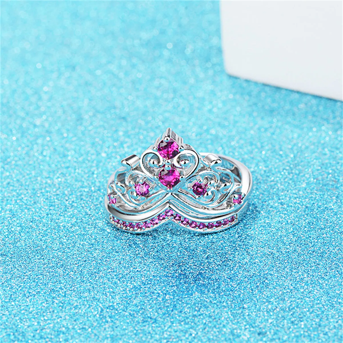 Rose Cubic Zirconia & Silver-Plated Stacked Crown Ring Set