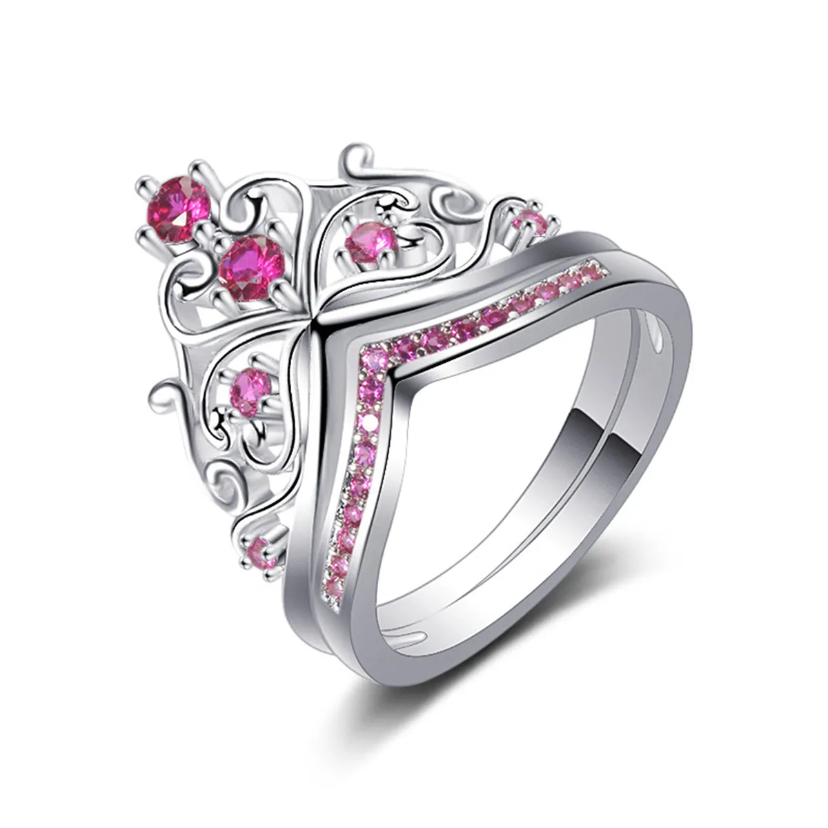 Rose Cubic Zirconia & Silver-Plated Stacked Crown Ring Set