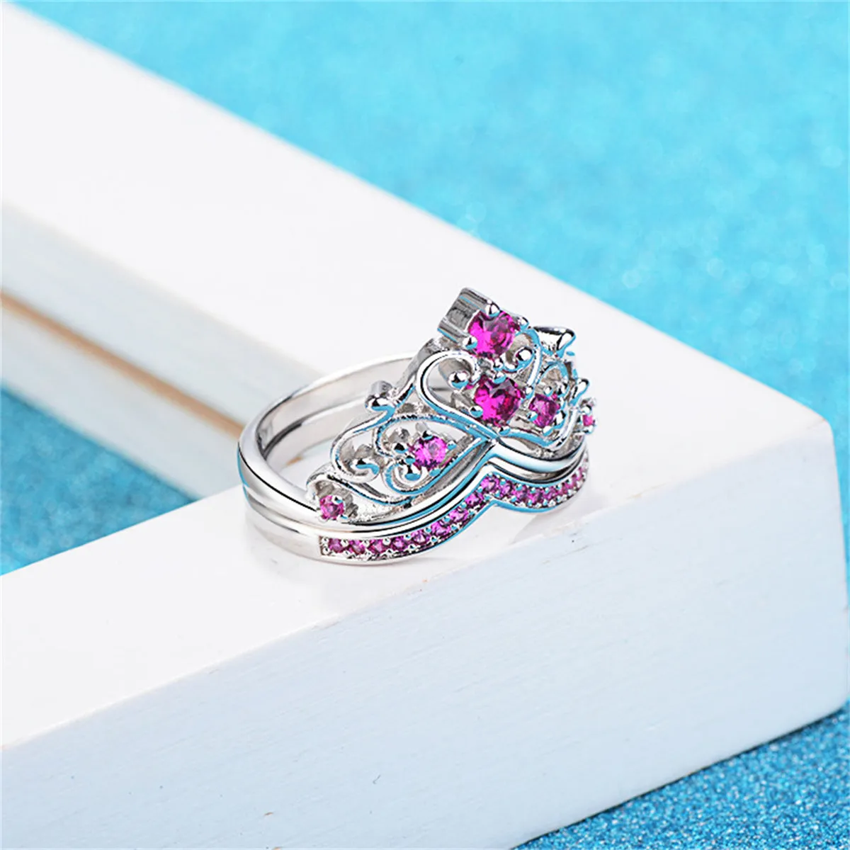Rose Cubic Zirconia & Silver-Plated Stacked Crown Ring Set