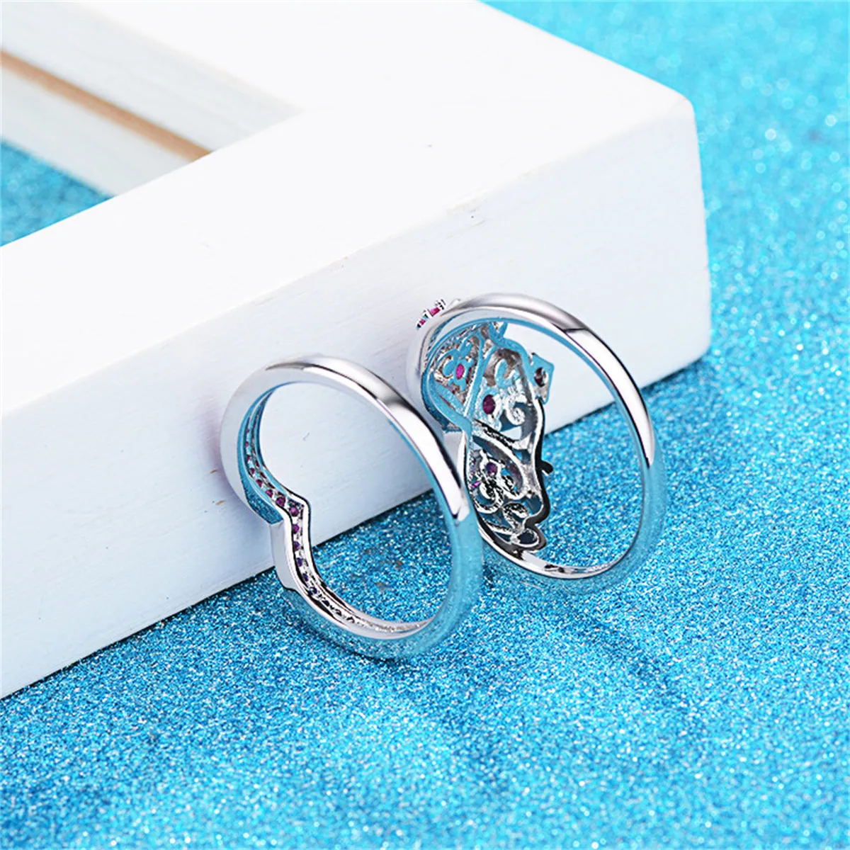 Rose Cubic Zirconia & Silver-Plated Stacked Crown Ring Set