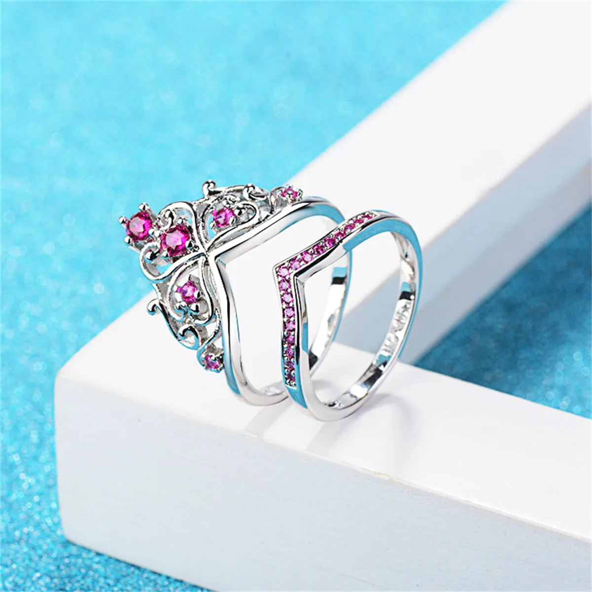 Rose Cubic Zirconia & Silver-Plated Stacked Crown Ring Set