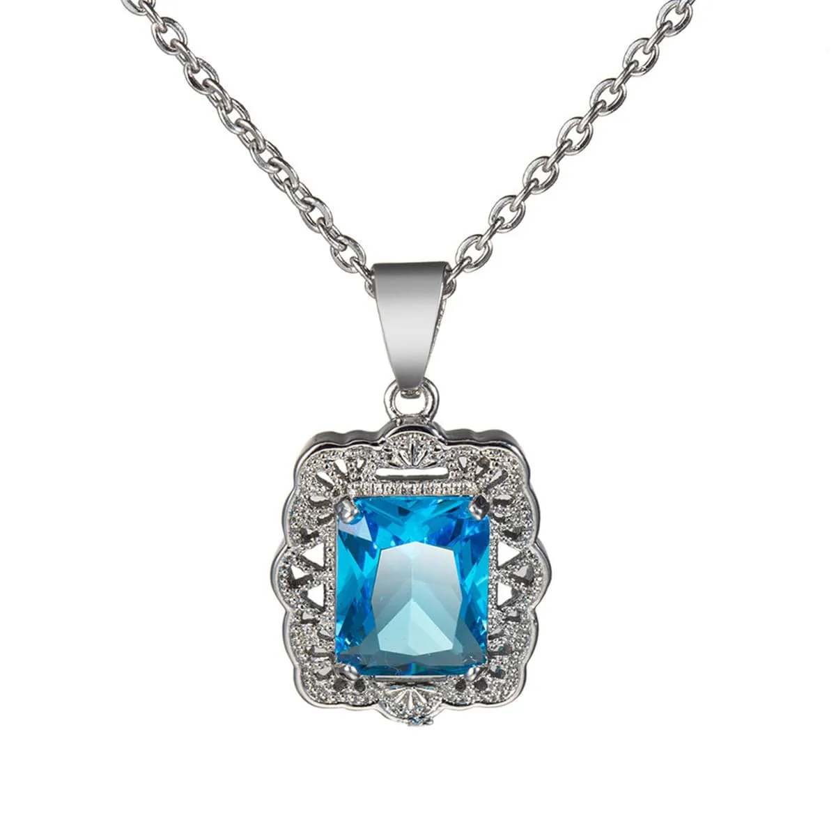 Sea Blue Crystal & Silver-Plated Filigree Princess-Cut Pendant Necklace