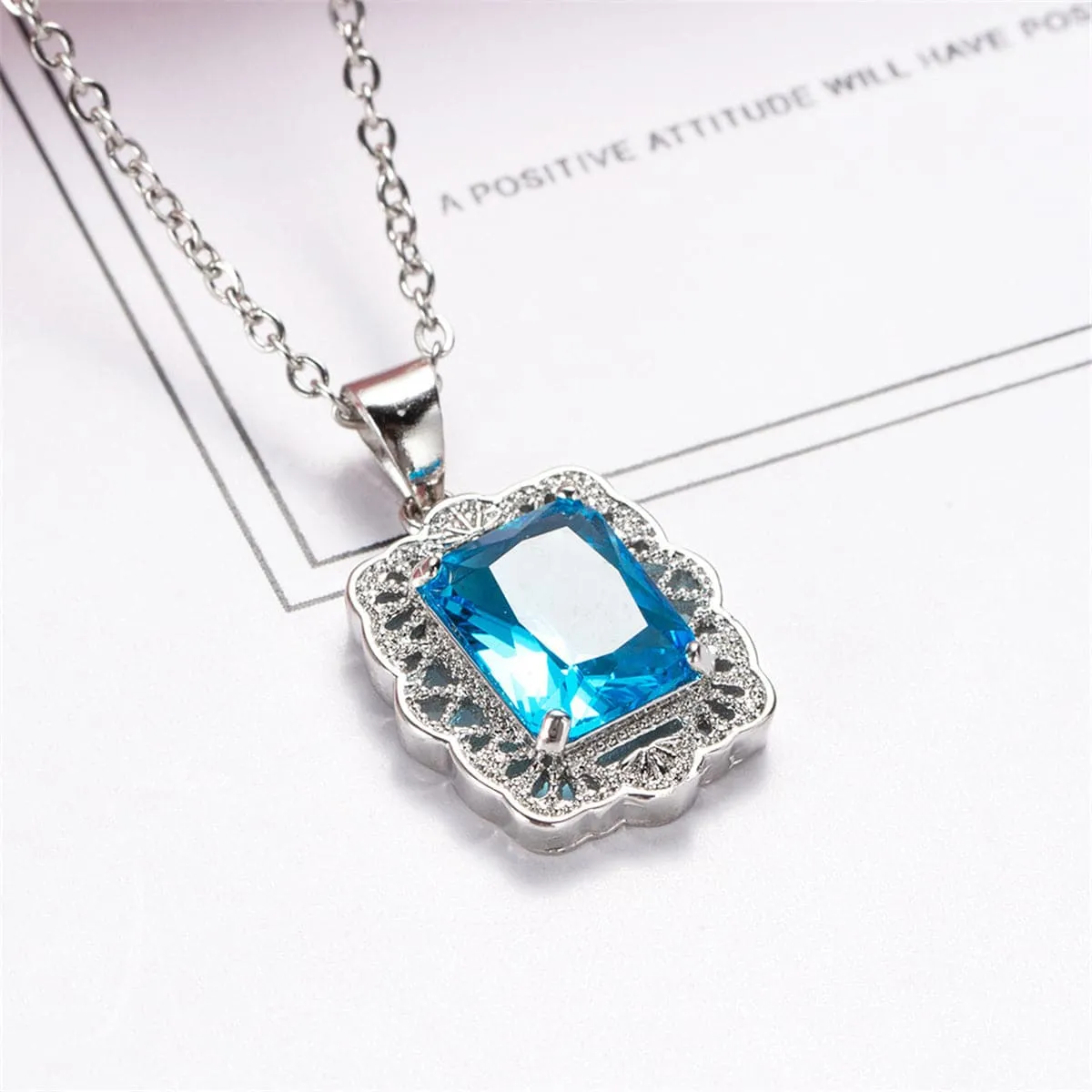 Sea Blue Crystal & Silver-Plated Filigree Princess-Cut Pendant Necklace