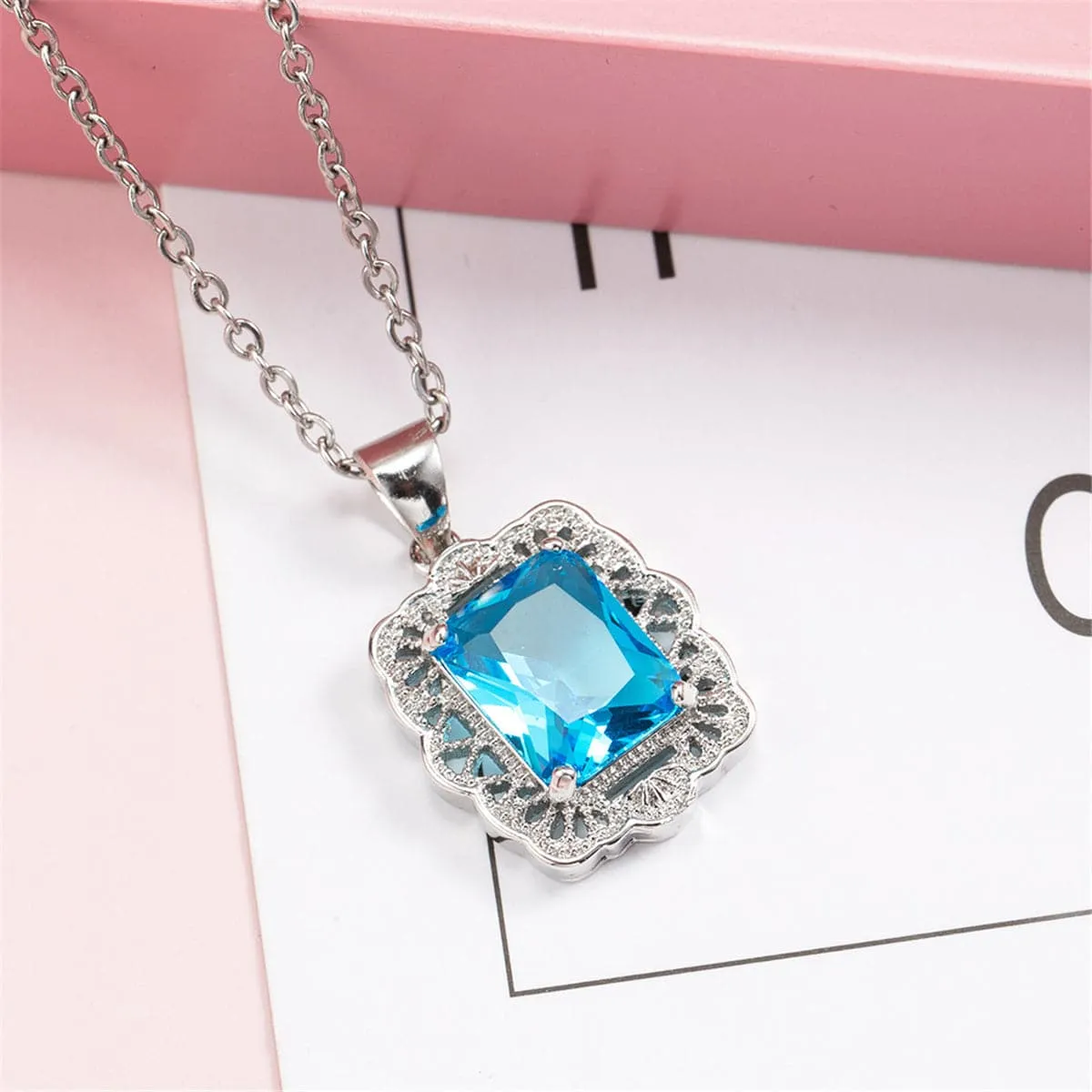 Sea Blue Crystal & Silver-Plated Filigree Princess-Cut Pendant Necklace