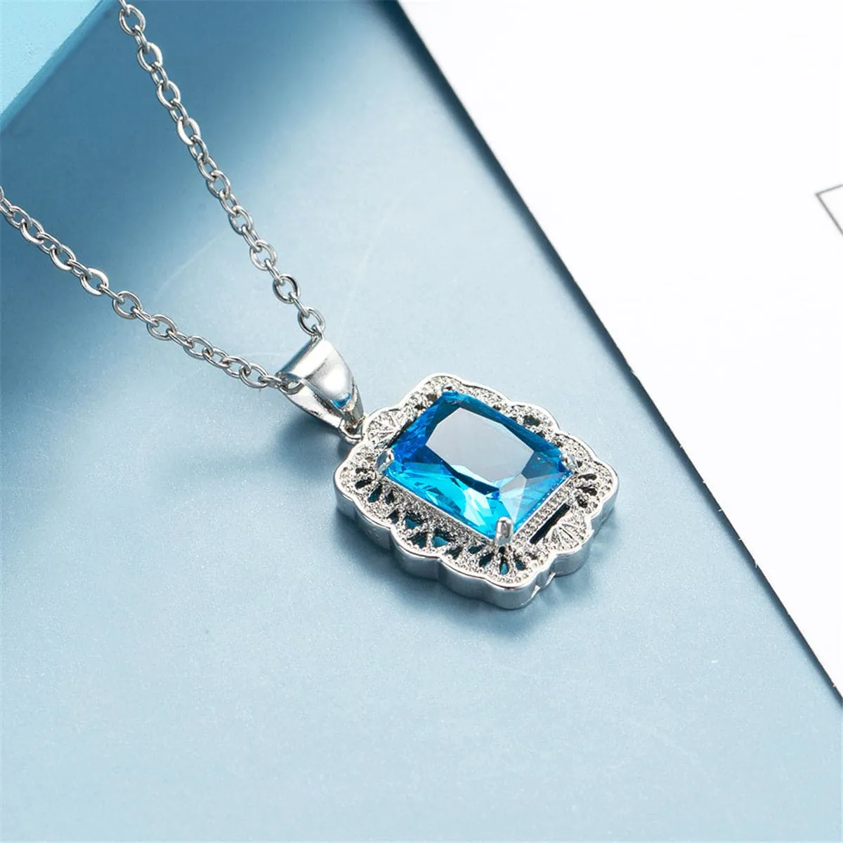 Sea Blue Crystal & Silver-Plated Filigree Princess-Cut Pendant Necklace
