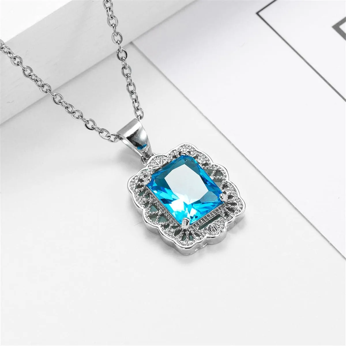 Sea Blue Crystal & Silver-Plated Filigree Princess-Cut Pendant Necklace