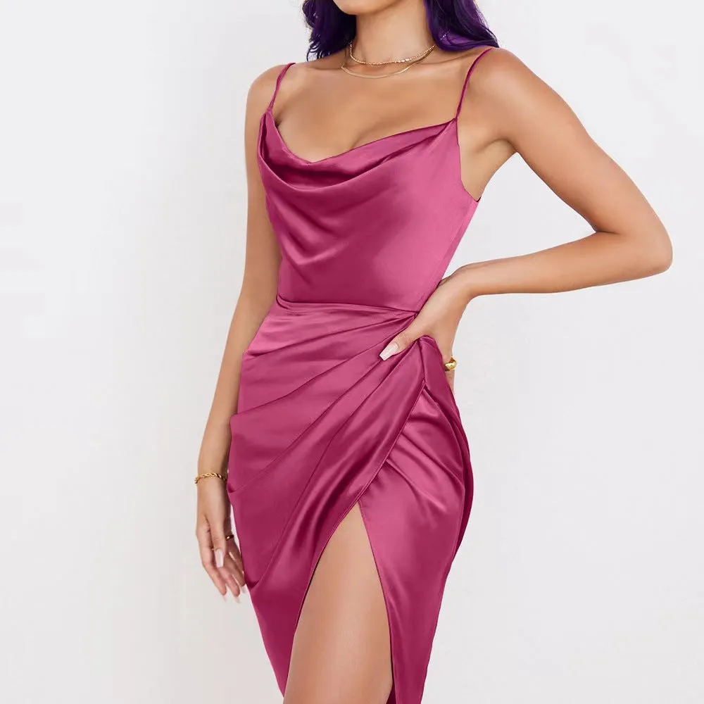 Summer New  Hot European and American Women's Clothing Sexy Satin Pleated Backless Slip Dress Irregular Dress