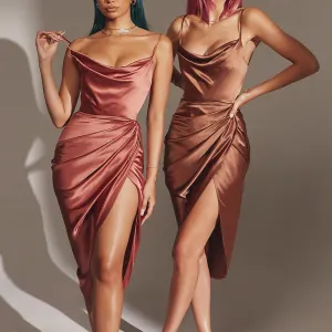 Summer New  Hot European and American Women's Clothing Sexy Satin Pleated Backless Slip Dress Irregular Dress