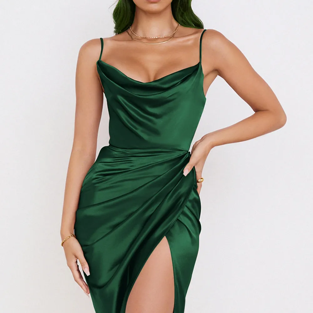 Summer New  Hot European and American Women's Clothing Sexy Satin Pleated Backless Slip Dress Irregular Dress