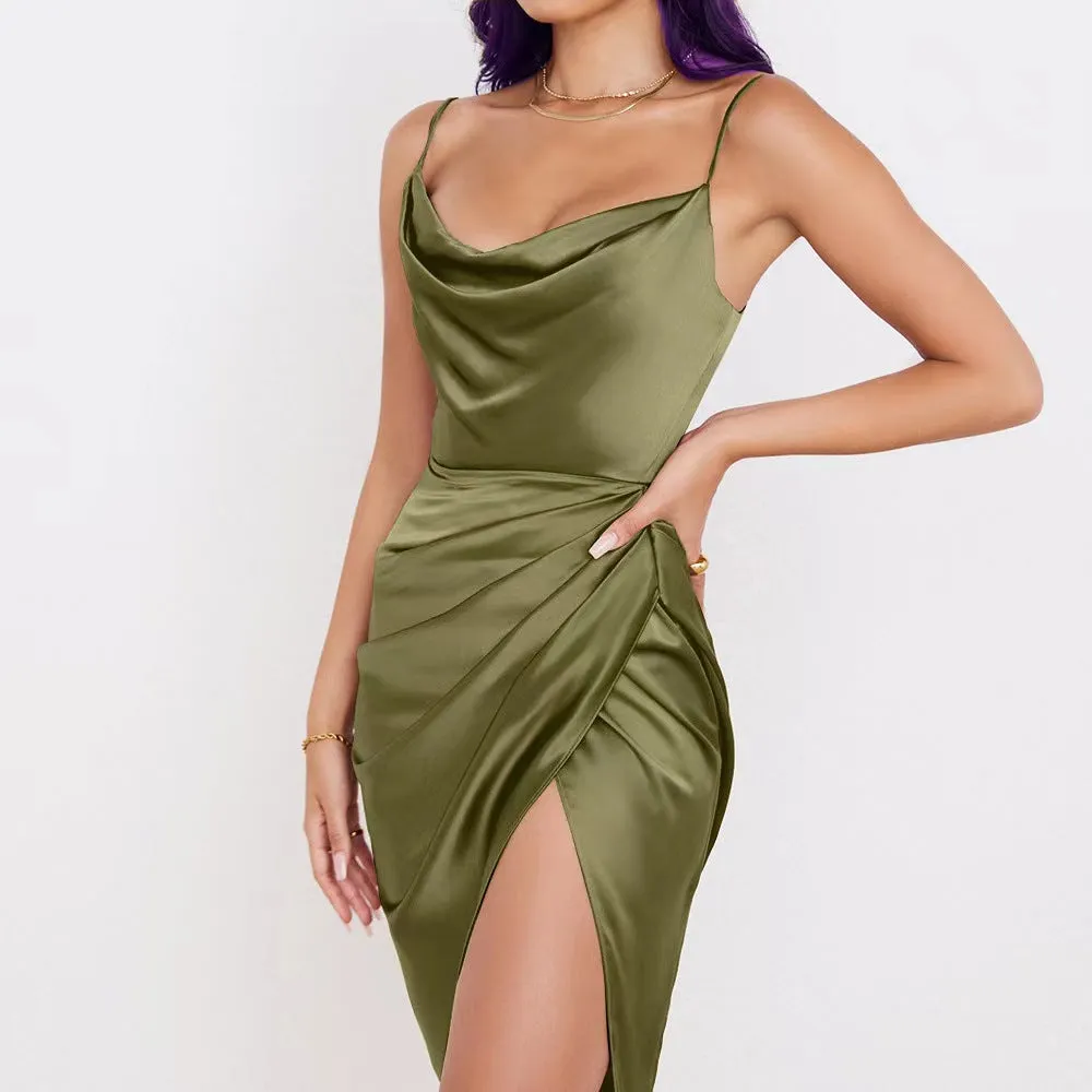 Summer New  Hot European and American Women's Clothing Sexy Satin Pleated Backless Slip Dress Irregular Dress