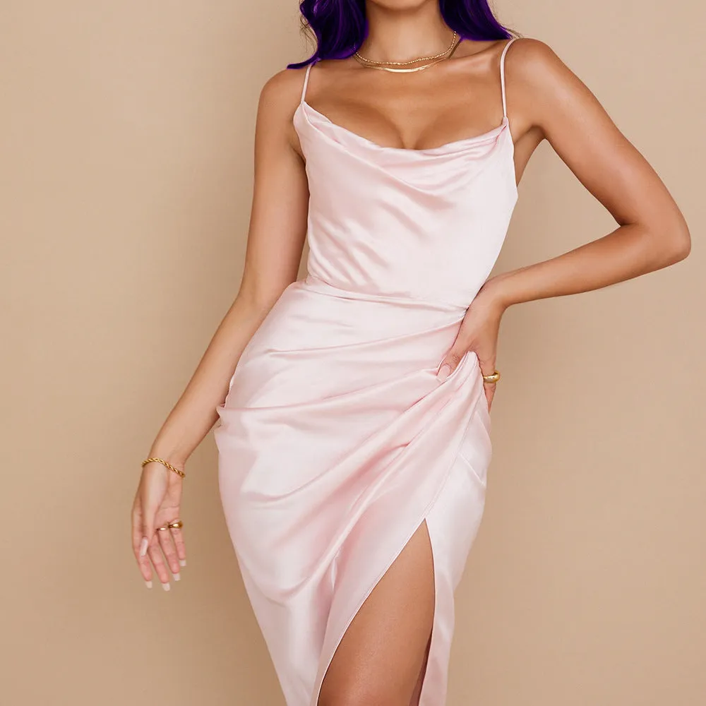 Summer New  Hot European and American Women's Clothing Sexy Satin Pleated Backless Slip Dress Irregular Dress