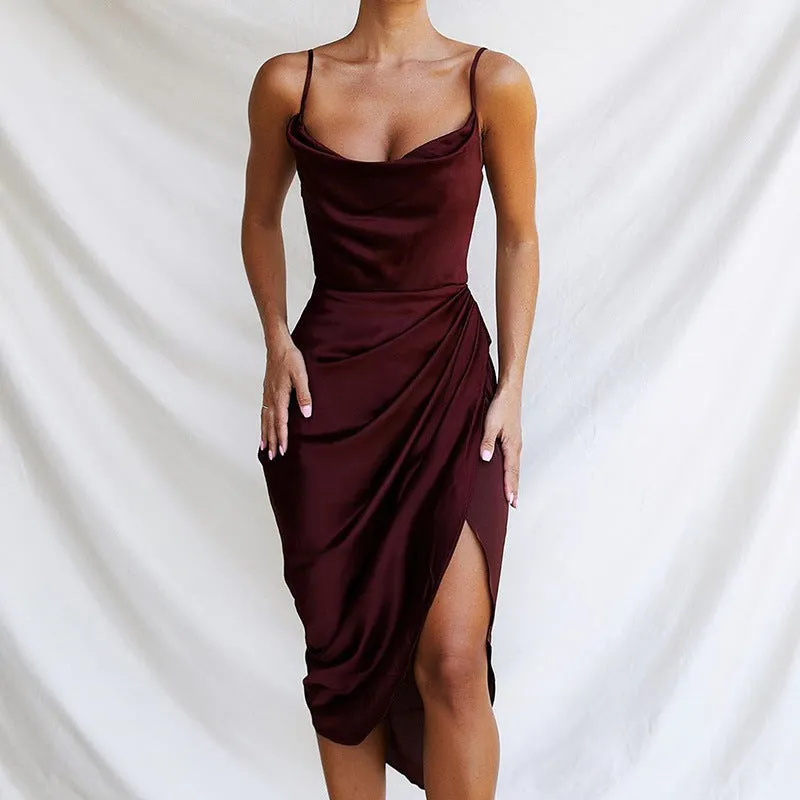 Summer New  Hot European and American Women's Clothing Sexy Satin Pleated Backless Slip Dress Irregular Dress