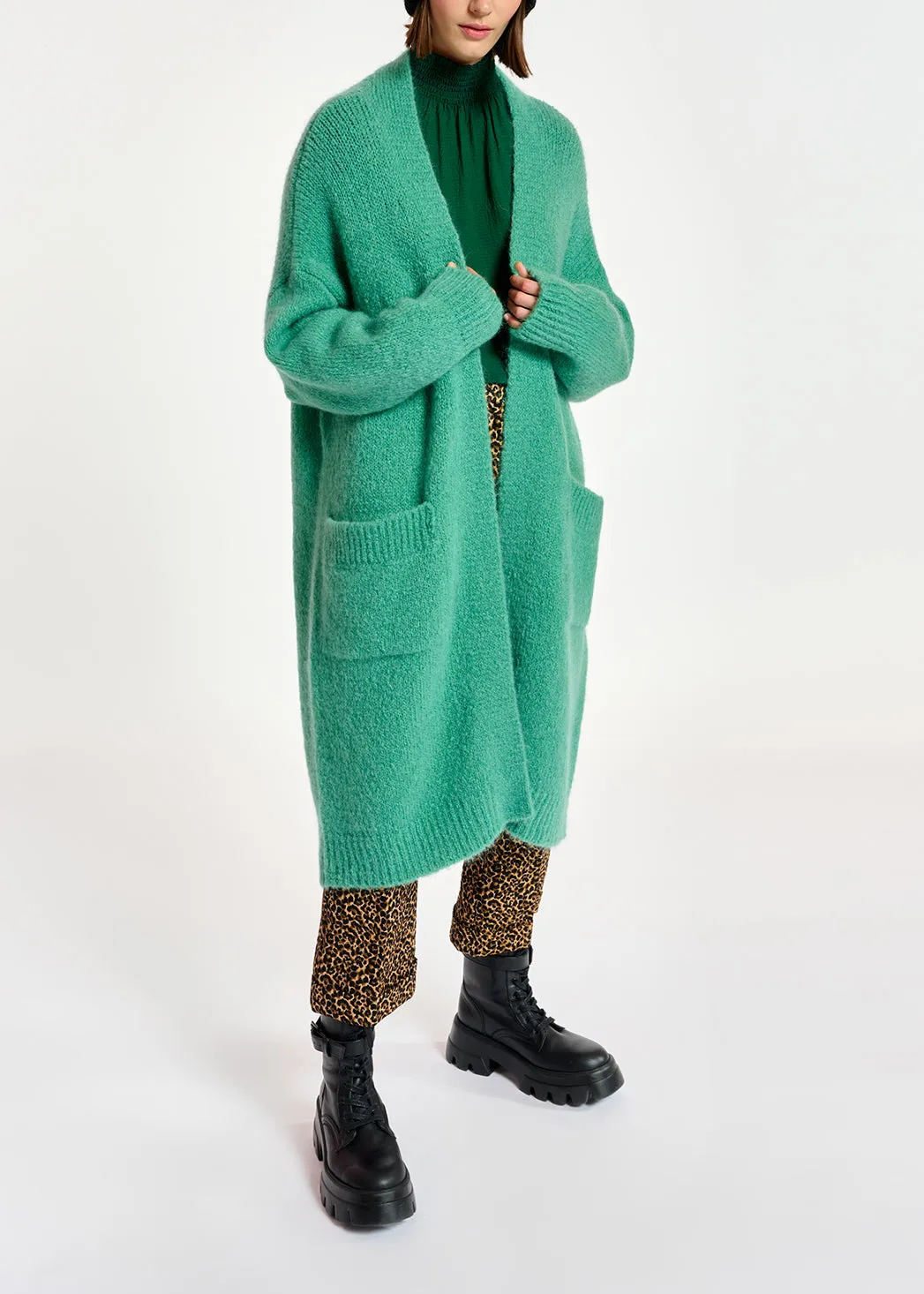 Teal midi-length mohair-blend cardigan