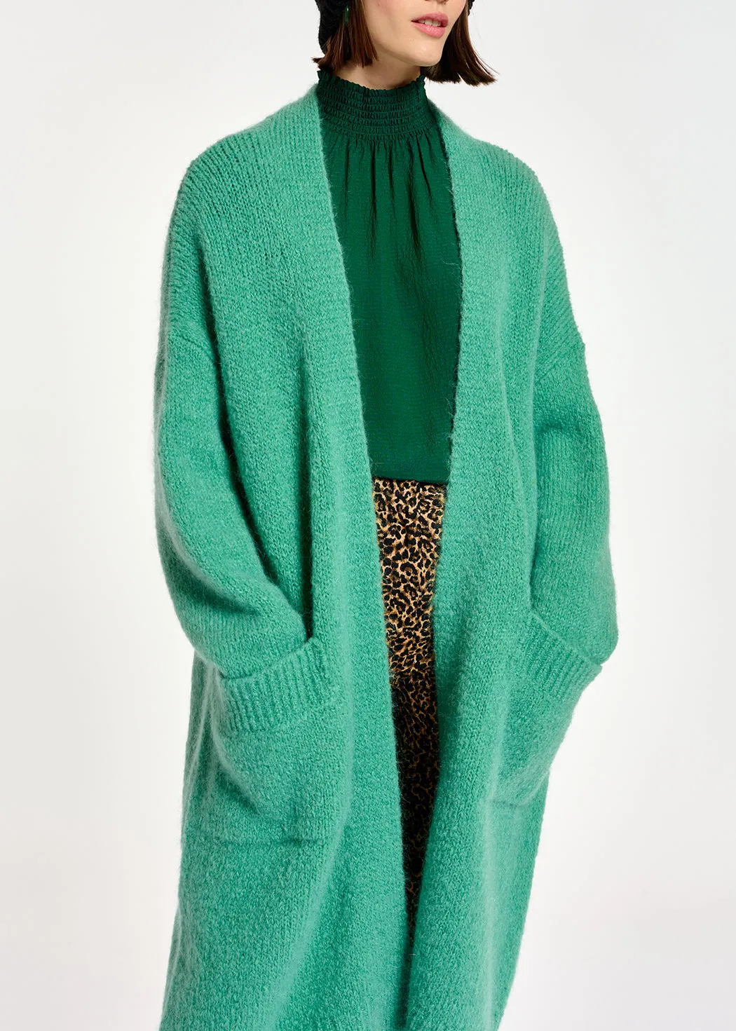 Teal midi-length mohair-blend cardigan